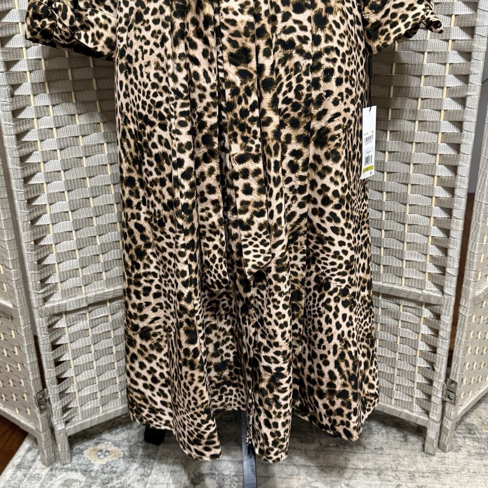 Calvin Klein Leopard Print Shirt Dress Women’s Size 14 Belted Tie Sleeves NEW - Picture 5 of 12